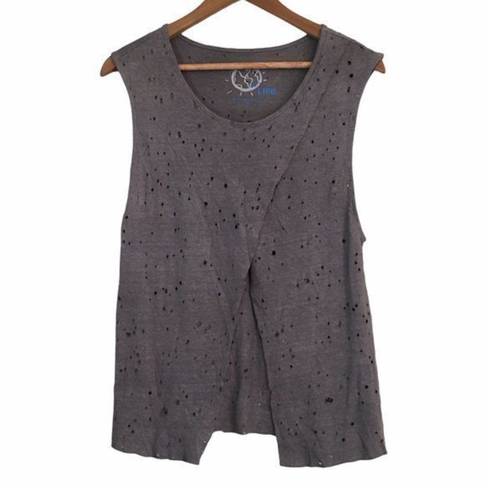 Planet Blue - Blue Life Distressed Boho Top Warm Gray Womens Size XS Oversized